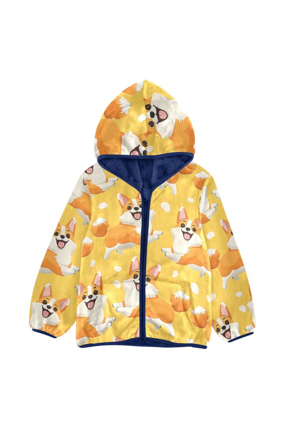 BZSMCE Double-Sided Sherpa Fleece Hooded Zipper Jacket Yellow Corgi Dogs Pattern Pattern Batik Dye Method Print Warm Outerwear
