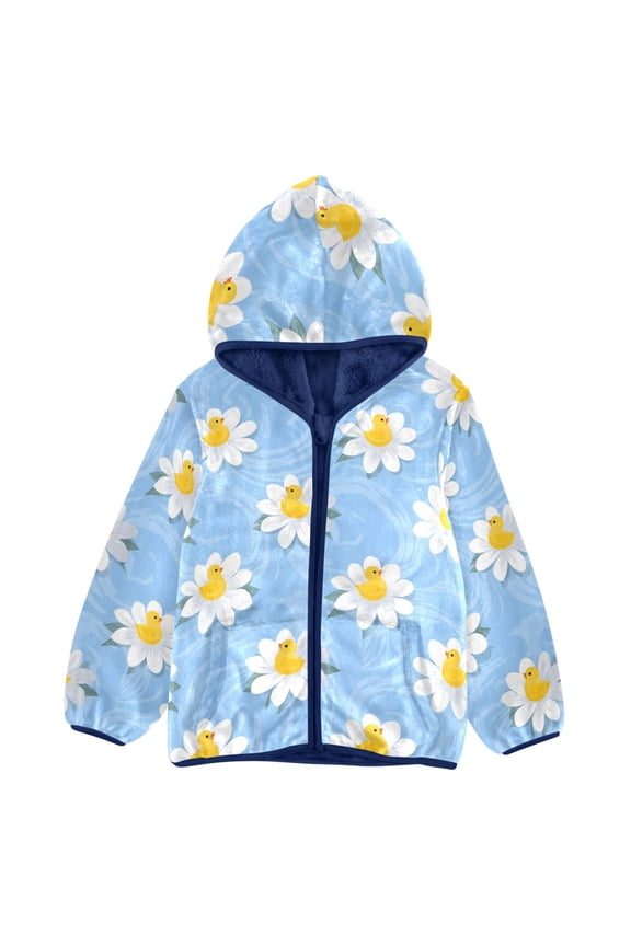 BZSMCE Double-Sided Sherpa Fleece Hooded Zipper Jacket Yellow Duck Pattern Pattern Batik Dye Method Print Warm Outerwear