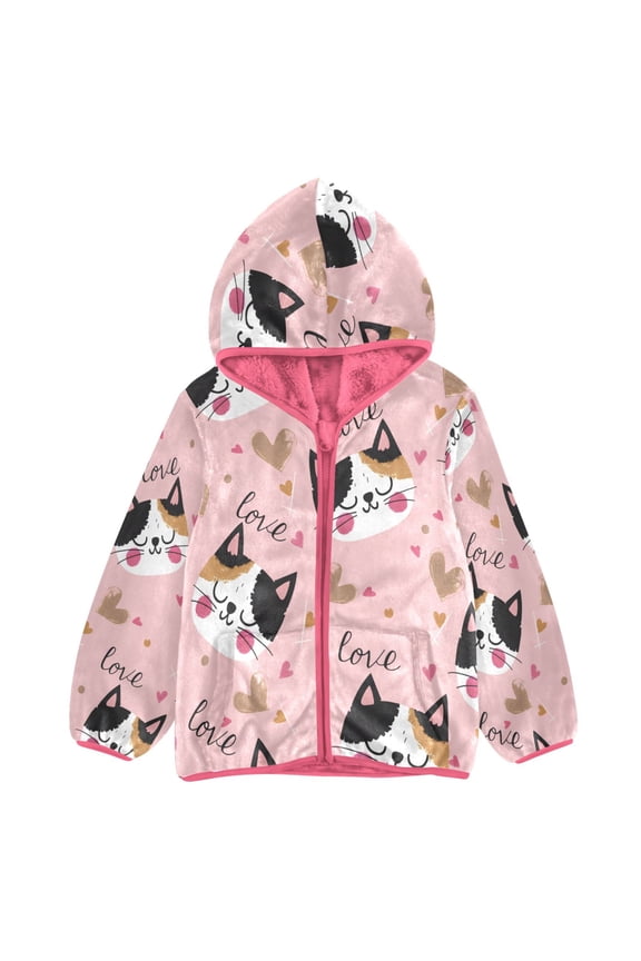 BZSMCE Double-Sided Sherpa Fleece Hooded Zipper Jacket Pink A Heart Shaped Cat Pattern Print Warm Outerwear