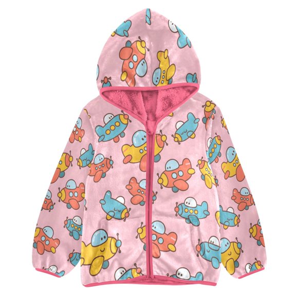BZSMCE Double-Sided Sherpa Fleece Hooded Zipper Jacket Pink Airplane Pattern Print Warm Outerwear