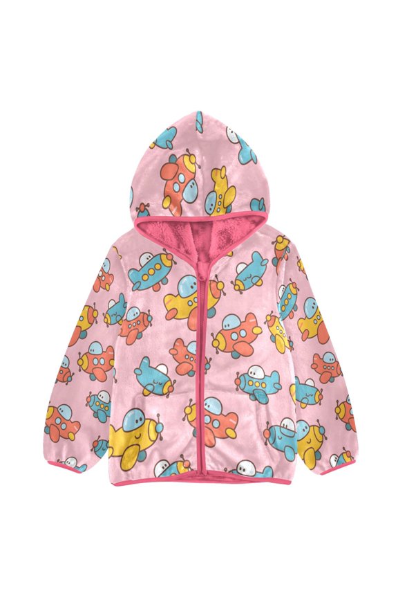 BZSMCE Double-Sided Sherpa Fleece Hooded Zipper Jacket Pink Airplane Pattern Print Warm Outerwear