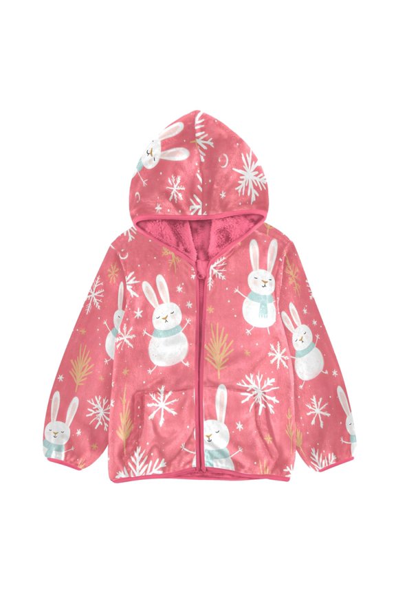 BZSMCE Double-Sided Sherpa Fleece Hooded Zipper Jacket Pink Animal Leaves Rabbit Pattern Print Warm Outerwear