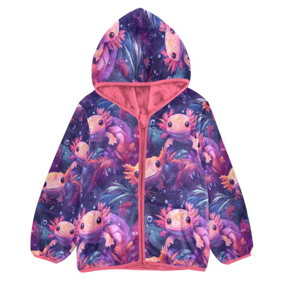 BZSMCE Double-Sided Sherpa Fleece Hooded Zipper Jacket Pink Axolotl Seaweed Bubbles Pattern Print Warm Outerwear
