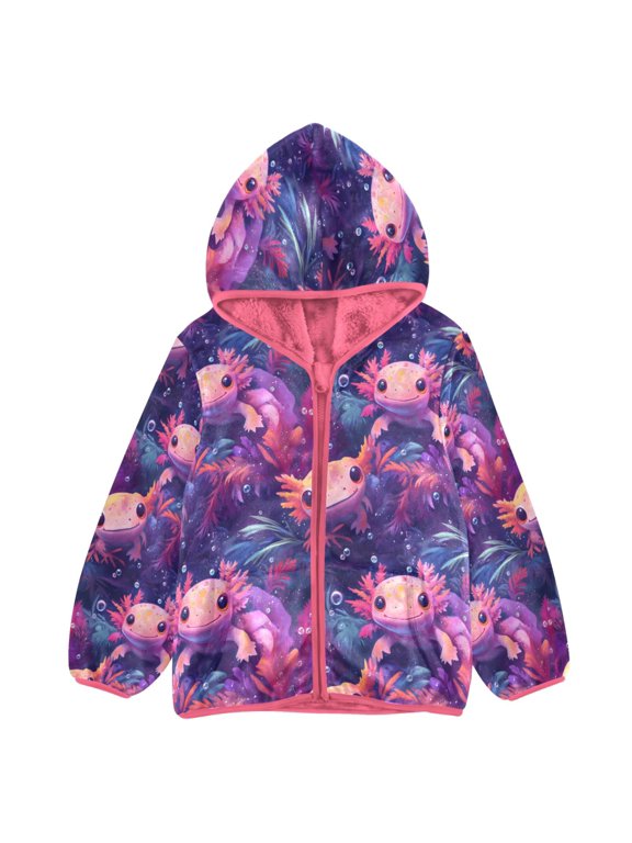 BZSMCE Double-Sided Sherpa Fleece Hooded Zipper Jacket Pink Axolotl Seaweed Bubbles Pattern Print Warm Outerwear