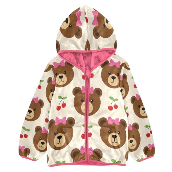 BZSMCE Double-Sided Sherpa Fleece Hooded Zipper Jacket Pink Bear Bow Cherry Pattern Print Warm Outerwear