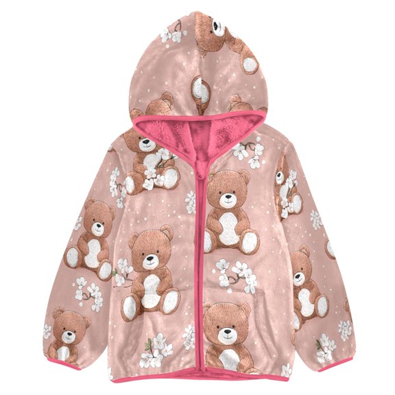 BZSMCE Double-Sided Sherpa Fleece Hooded Zipper Jacket Pink Bear Flower Pattern Print Warm Outerwear