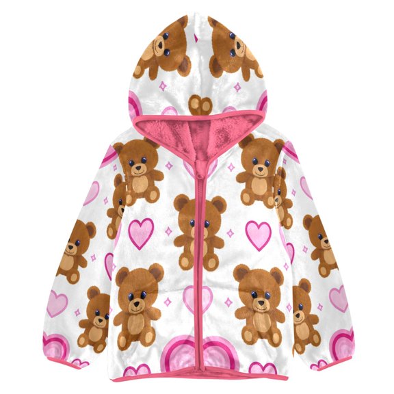 BZSMCE Double-Sided Sherpa Fleece Hooded Zipper Jacket Pink Bear Heart Pattern Print Warm Outerwear