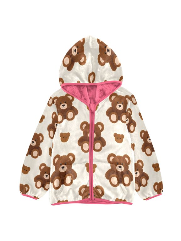 BZSMCE Double-Sided Sherpa Fleece Hooded Zipper Jacket Pink Bear Pattern Print Warm Outerwear