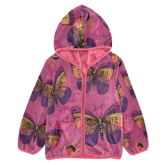 BZSMCE Double-Sided Sherpa Fleece Hooded Zipper Jacket Pink Beautiful Butterfly Pattern Print Warm Outerwear