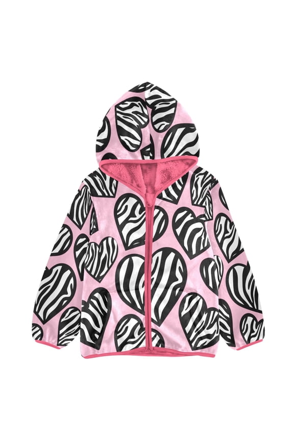 BZSMCE Double-Sided Sherpa Fleece Hooded Zipper Jacket Pink Black and White Striped Heart Print Warm Outerwear
