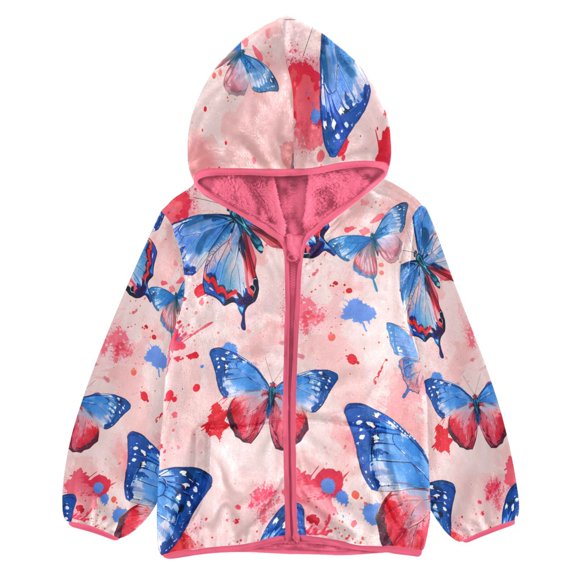 BZSMCE Double-Sided Sherpa Fleece Hooded Zipper Jacket Pink Blue and Red Watercolor Butterfly Pattern Print Warm Outerwear
