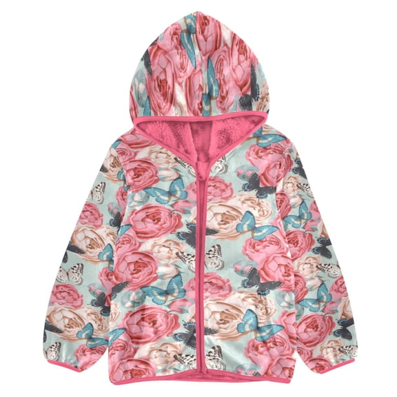 BZSMCE Double-Sided Sherpa Fleece Hooded Zipper Jacket Pink Blush Rose Tapestry Print Warm Outerwear