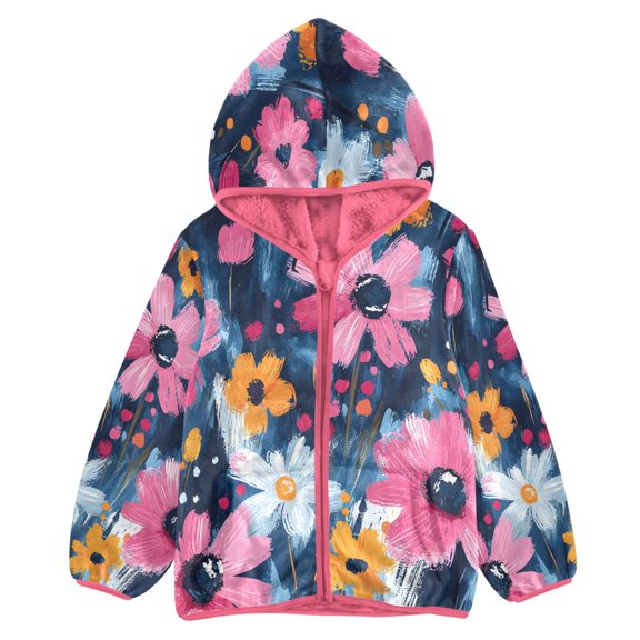 BZSMCE Double-Sided Sherpa Fleece Hooded Zipper Jacket Pink Bold Floral Splash Pattern Print Warm Outerwear