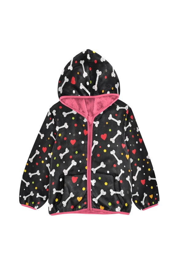 BZSMCE Double-Sided Sherpa Fleece Hooded Zipper Jacket Pink Bones Hearts Pattern Print Warm Outerwear