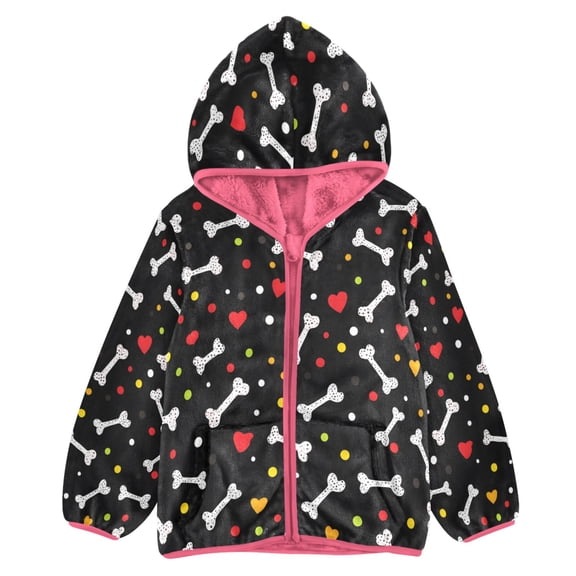 BZSMCE Double-Sided Sherpa Fleece Hooded Zipper Jacket Pink Bones Hearts Pattern Print Warm Outerwear