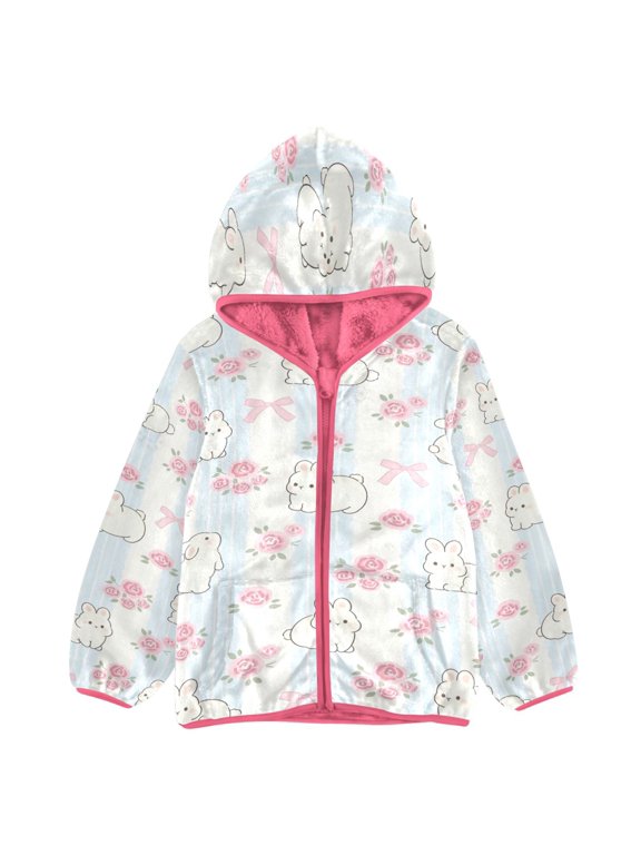 BZSMCE Double-Sided Sherpa Fleece Hooded Zipper Jacket Pink Bunny & Ribbon Stripes Print Warm Outerwear