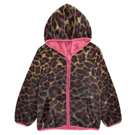 BZSMCE Double-Sided Sherpa Fleece Hooded Zipper Jacket Pink Burgundy Glitter Leopard Print Warm Outerwear