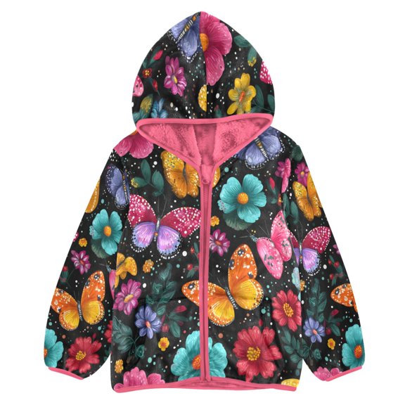 BZSMCE Double-Sided Sherpa Fleece Hooded Zipper Jacket Pink Butterfly Flowers Print Warm Outerwear