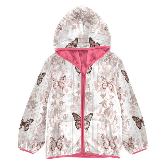 BZSMCE Double-Sided Sherpa Fleece Hooded Zipper Jacket Pink Butterfly Garden Stripe Print Warm Outerwear