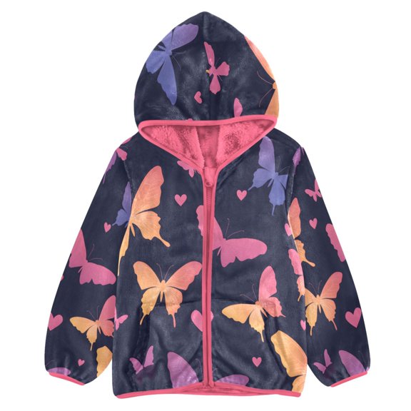 BZSMCE Double-Sided Sherpa Fleece Hooded Zipper Jacket Pink Butterfly Pattern Print Warm Outerwear