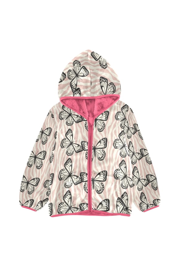 BZSMCE Double-Sided Sherpa Fleece Hooded Zipper Jacket Pink Butterfly Zebra Print Print Warm Outerwear