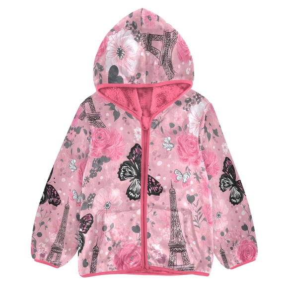 BZSMCE Double-Sided Sherpa Fleece Hooded Zipper Jacket Pink Butterfly and Rose Pattern Print Warm Outerwear