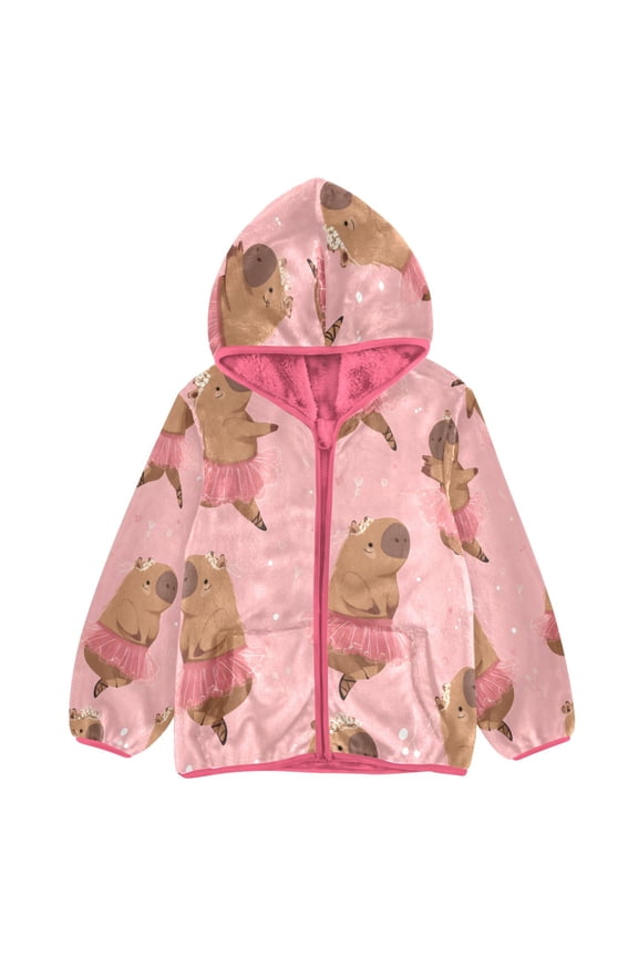 BZSMCE Double-Sided Sherpa Fleece Hooded Zipper Jacket Pink Capybara Pattern Print Warm Outerwear
