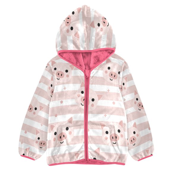 BZSMCE Double-Sided Sherpa Fleece Hooded Zipper Jacket Pink Cartoon Pig Print Warm Outerwear