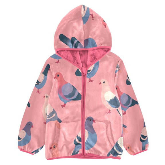 BZSMCE Double-Sided Sherpa Fleece Hooded Zipper Jacket Pink Cartoon Pigeon Pattern Print Warm Outerwear
