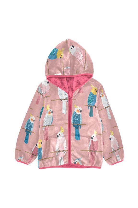 BZSMCE Double-Sided Sherpa Fleece Hooded Zipper Jacket Pink Colorful Parrot Pattern Print Warm Outerwear