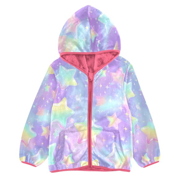 BZSMCE Double-Sided Sherpa Fleece Hooded Zipper Jacket Pink Colorful Stars Pattern Print Warm Outerwear