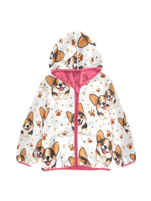BZSMCE Double-Sided Sherpa Fleece Hooded Zipper Jacket Pink Corgi Paw Prints Pattern Print Warm Outerwear
