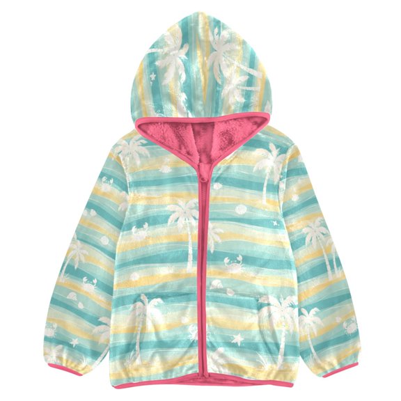 BZSMCE Double-Sided Sherpa Fleece Hooded Zipper Jacket Pink Crab Palm Print Warm Outerwear