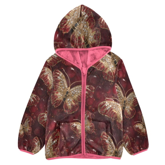 BZSMCE Double-Sided Sherpa Fleece Hooded Zipper Jacket Pink Crimson Butterfly Tapestry Print Warm Outerwear