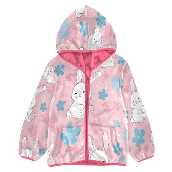 BZSMCE Double-Sided Sherpa Fleece Hooded Zipper Jacket Pink Cute Hand Drawn Rabbit Pattern Print Warm Outerwear