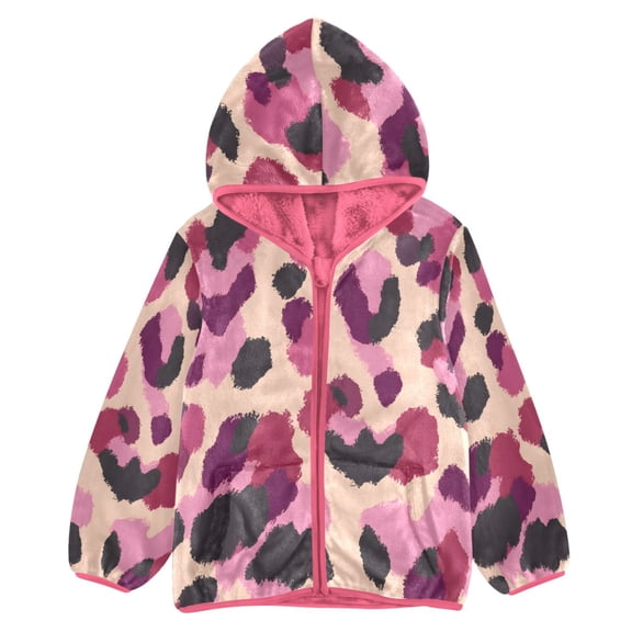 BZSMCE Double-Sided Sherpa Fleece Hooded Zipper Jacket Pink Cute Leopard Print Pattern Print Warm Outerwear
