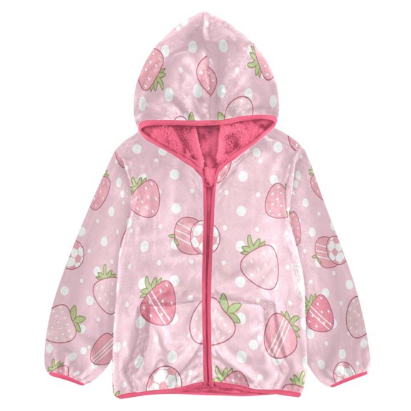 BZSMCE Double-Sided Sherpa Fleece Hooded Zipper Jacket Pink Cute Pink Strawberry Fruit Print Warm Outerwear