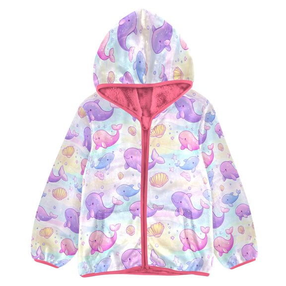 BZSMCE Double-Sided Sherpa Fleece Hooded Zipper Jacket Pink Cute Purple Dolphin Pattern Print Warm Outerwear
