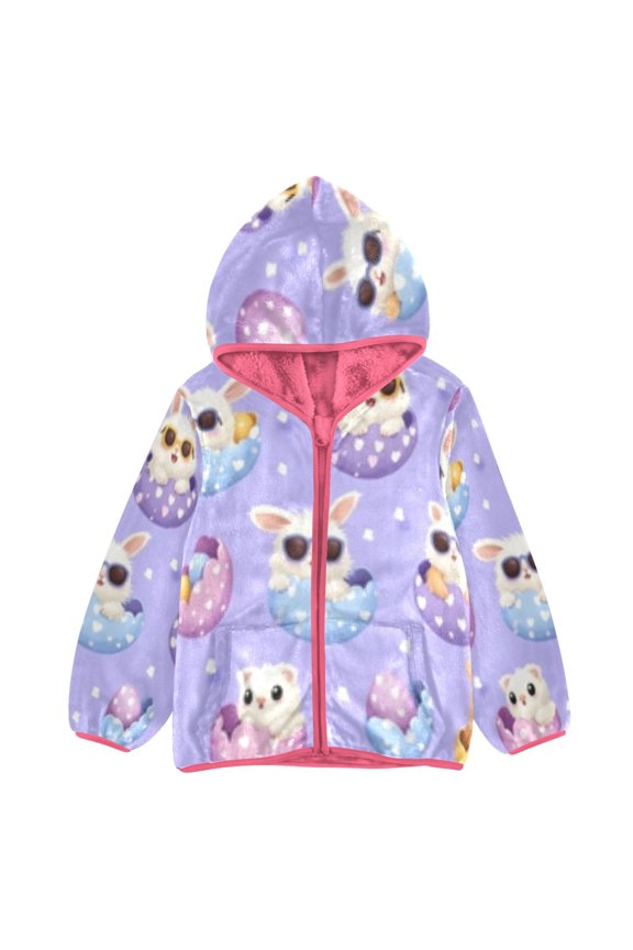 BZSMCE Double-Sided Sherpa Fleece Hooded Zipper Jacket Pink Cute Rabbit Pattern Print Warm Outerwear