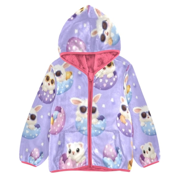 BZSMCE Double-Sided Sherpa Fleece Hooded Zipper Jacket Pink Cute Rabbit Pattern Print Warm Outerwear