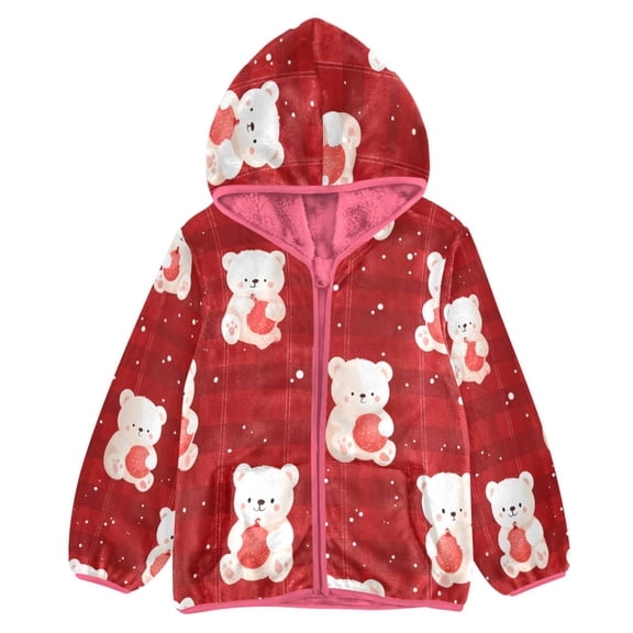 BZSMCE Double-Sided Sherpa Fleece Hooded Zipper Jacket Pink Cute White Teddy Bear Pattern Print Warm Outerwear
