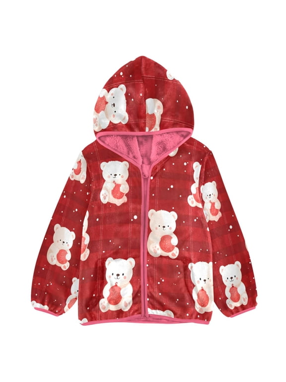 BZSMCE Double-Sided Sherpa Fleece Hooded Zipper Jacket Pink Cute White Teddy Bear Pattern Print Warm Outerwear
