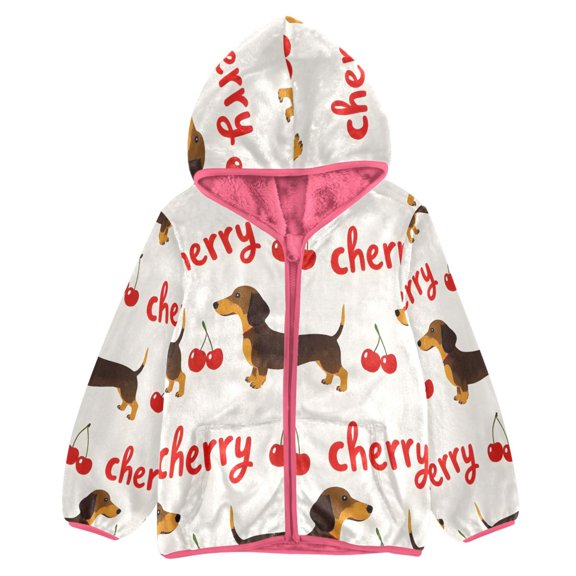 BZSMCE Double-Sided Sherpa Fleece Hooded Zipper Jacket Pink Dachshund Cherry Pattern Print Warm Outerwear
