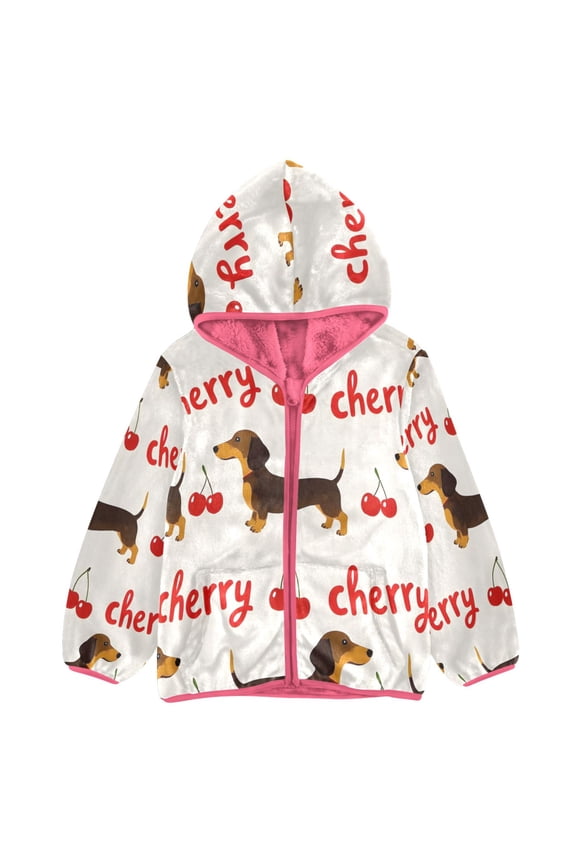 BZSMCE Double-Sided Sherpa Fleece Hooded Zipper Jacket Pink Dachshund Cherry Pattern Print Warm Outerwear