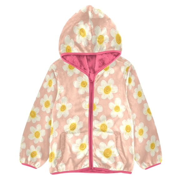 BZSMCE Double-Sided Sherpa Fleece Hooded Zipper Jacket Pink Daisy Pattern Print Warm Outerwear
