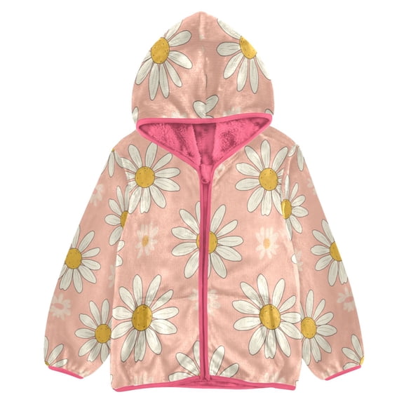 BZSMCE Double-Sided Sherpa Fleece Hooded Zipper Jacket Pink Daisy Pattern Print Warm Outerwear
