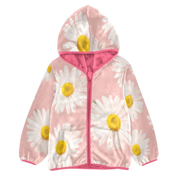 BZSMCE Double-Sided Sherpa Fleece Hooded Zipper Jacket Pink Daisy Pattern Print Warm Outerwear