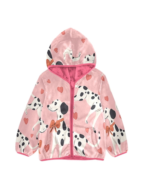 BZSMCE Double-Sided Sherpa Fleece Hooded Zipper Jacket Pink Dalmatian Dog Bows Love Pattern Print Warm Outerwear