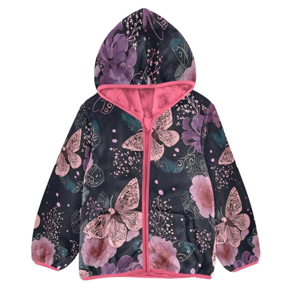 BZSMCE Double-Sided Sherpa Fleece Hooded Zipper Jacket Pink Dreamy Butterfly Pattern Print Warm Outerwear