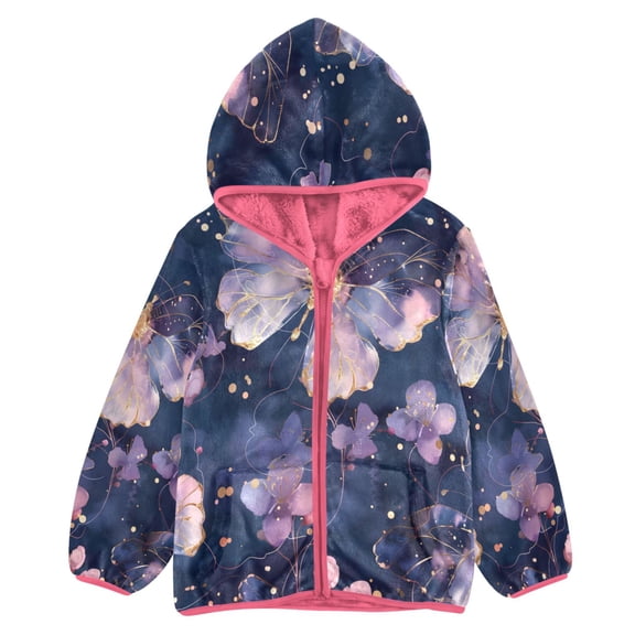 BZSMCE Double-Sided Sherpa Fleece Hooded Zipper Jacket Pink Dreamy Butterfly Pattern Print Warm Outerwear
